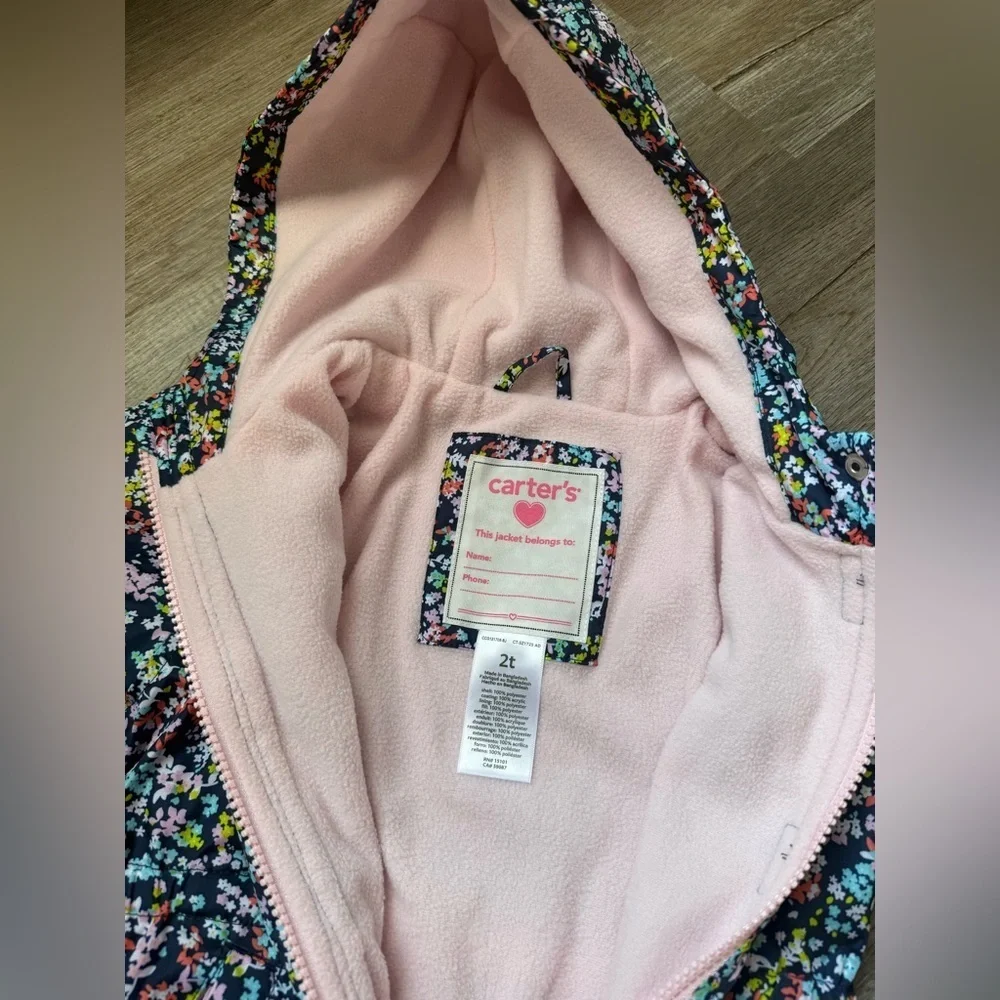 Carters Floral Jacket Hooded Coat Warm Multi Color Blue Pink Toddler Size 2T - Picture 5 of 7